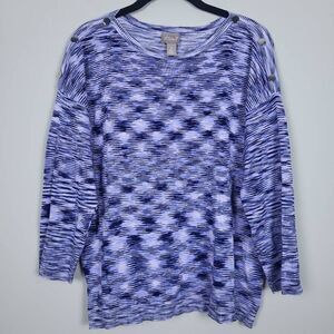 Chicos Womens Large 2 Pullover Sweater Navy Blue Marled 3/4 Sleeve Button Accent